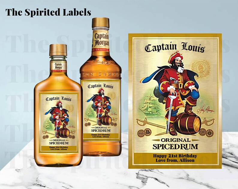 May include: Two bottles of Captain Morgan spiced rum with custom labels featuring a cartoon pirate with a red and gold costume, a sword, and a barrel. The labels say "Captain Louis - Original Spiced Rum" and "Happy 21st Birthday, Love from, Allison".