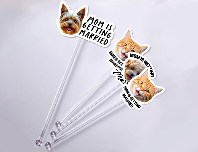 Puede incluir: Adornos para tartas de pl&aacute;stico transparente con caras de mascotas, incluyendo un Yorkshire Terrier y gatos atigrados naranjas. Cada adorno tiene el texto "MOM IS GETTING MARRIED" en negro.