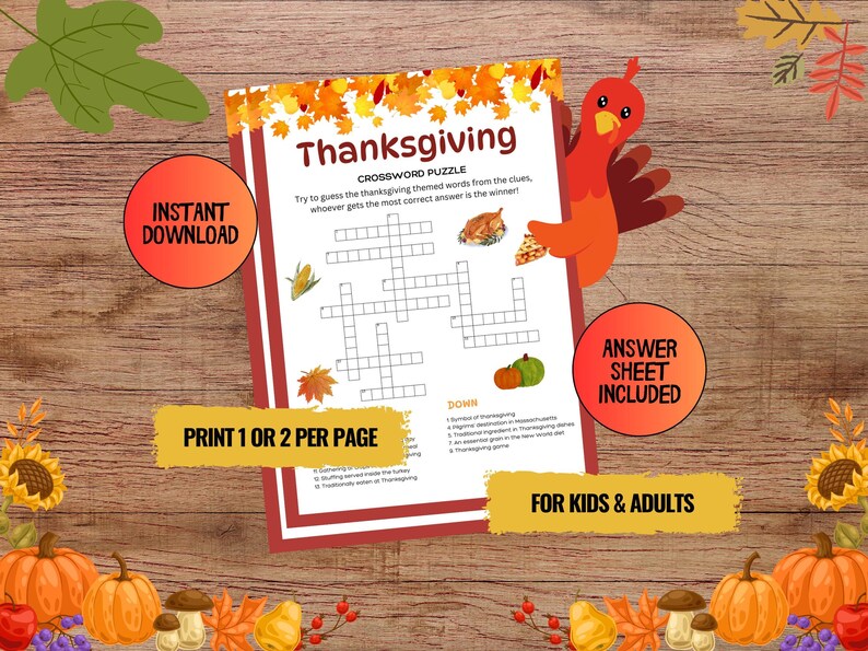 Printable Thanksgiving Crossword Puzzle Kids &amp; Adults, Crossword Game ...