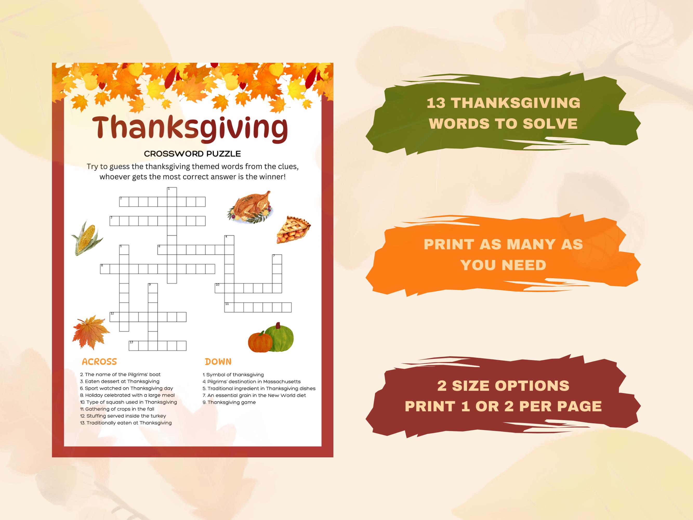 Printable Thanksgiving Crossword Puzzle Kids &amp; Adults, Crossword Game ...