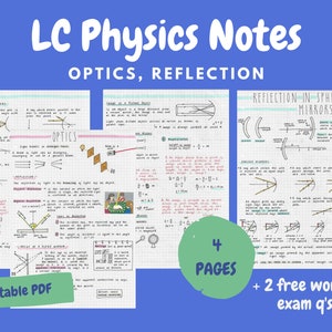 May include: A set of four pages of handwritten notes on optics and reflection in physics. The notes are written on graph paper and include diagrams and equations. The title of the notes is "LC Physics Notes: Optics, Reflection". The notes are for sale as a printable PDF and include two free worked exam questions.