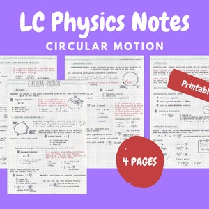 Pode incluir: Quatro páginas de notas escritas à mão sobre o movimento circular na física. As notas estão em papel quadriculado e incluem diagramas e equações. O título das notas é "LC Physics Notes: Circular Motion". As notas estão em formato PDF imprimível.