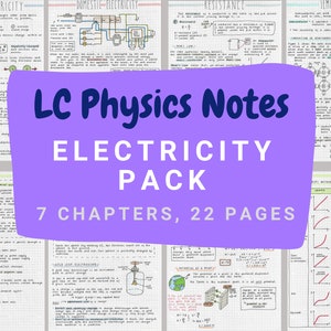May include: Purple and blue handwritten notes on a gridded page with the title "LC Physics Notes Electricity Pack 7 Chapters, 22 Pages". The notes cover topics such as static electricity, domestic electricity, resistance, and semiconductors.