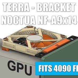May include: A beige 3D printed bracket for a Noctua NF-A9x14 fan, designed to fit a GeForce RTX 4090 Founders Edition graphics card. The bracket is mounted on a green GPU cooler. The text "FITS 4090 FE" is visible in blue.