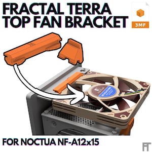 May include: An orange Fractal Terra top fan bracket, designed for Noctua NF-A12x15 fans, is shown in the image. The bracket is displayed in two pieces, with an arrow indicating how it attaches to the fan. The text "FRACTAL TERRA TOP FAN BRACKET" is at the top.