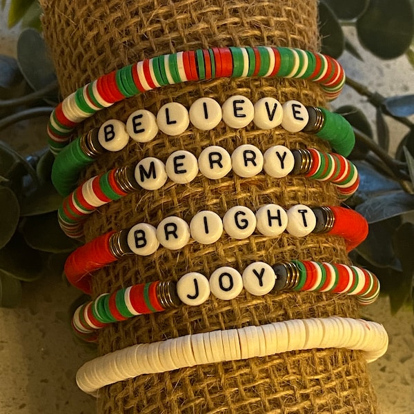 Holiday heishi disc bracelet/Custom word bracelet/Christmas bracelet/Heishi bead bracelet/Holiday bracelet/Christmas cheer bracelet