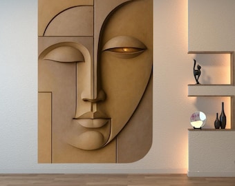 Minimalist Face Wall Sculpture: Large Abstract Geometric Ar (48” x 32.8)