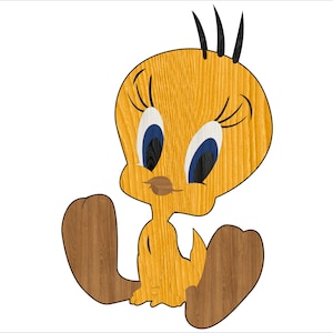 Puede incluir: Ilustración con textura de madera de Piolín, un canario de dibujos animados amarillo, sentado con las piernas estiradas. El pájaro tiene grandes ojos azules, pestañas negras y tres plumas negras en la cabeza. El pico es marrón.