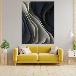 May include: Abstract wall art featuring a layered design in shades of gray and black. The artwork is mounted above a yellow sofa in a modern living room setting. The room also includes a wooden side table, a potted plant, and a wooden shutter.