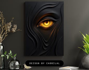 May include: A black wall art piece featuring a stylized eye with a golden iris. The eye is rendered with intricate, layered details, creating a 3D effect. The text "DEISGN BY CADBILAL" is displayed at the bottom. The artwork is displayed on a dark gray wall.