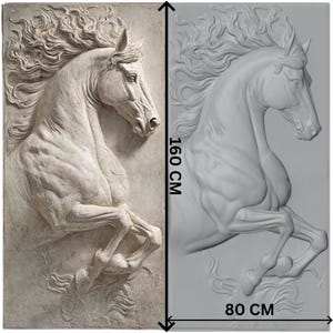 May include: A detailed relief sculpture of a rearing horse, measuring 160 cm high and 80 cm wide. The horse is depicted in a dynamic pose, with flowing mane and detailed musculature. The artwork is in a neutral color, suitable for various decor styles.