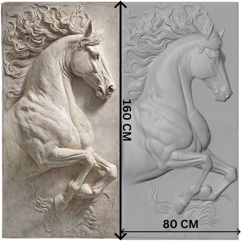 May include: A detailed relief sculpture of a rearing horse, measuring 160 cm high and 80 cm wide. The horse is depicted in a dynamic pose, with flowing mane and detailed musculature. The artwork is in a neutral color, suitable for various decor styles.