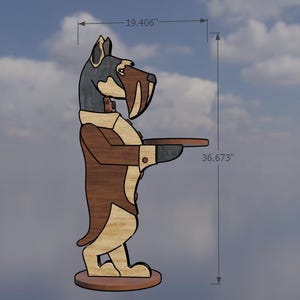 May include: A wooden dog-shaped butler figure, approximately 36.673 inches tall and 19.406 inches wide. The figure is made of various wood tones, including brown, tan, and black, and is dressed in a butler's uniform, holding a tray.