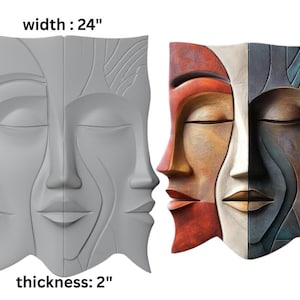 May include: Two decorative wall panels depicting serene faces. The panel on the left is a solid gray, while the panel on the right features a colorful design with red, brown, white, and blue tones. Each panel is 30 inches high, 24 inches wide, and 2 inches thick.