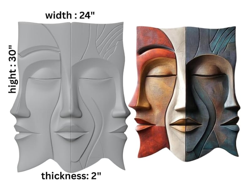 May include: Two decorative wall panels depicting serene faces. The panel on the left is a solid gray, while the panel on the right features a colorful design with red, brown, white, and blue tones. Each panel is 30 inches high, 24 inches wide, and 2 inches thick.