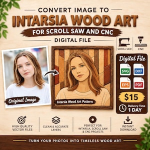 Può includere: Un file digitale per arte in legno a intarsio che mostra un processo di conversione di ritratti. La grafica mostra una foto originale di una persona accanto a una versione in legno, con icone per formati SVG, DXF, EPS e PDF per seghe a traforo.