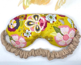 Pink Flowers on Mustard Fabric Weighted  Flax Seed/Lavender Sleep Mask/Eye Pillow