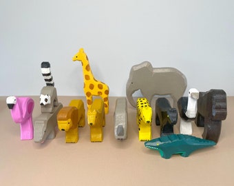 Set of 13 Handmade Wooden African Animal Toys for Kids, choose either paintable DIY craft or hand-painted, safari animals, art project