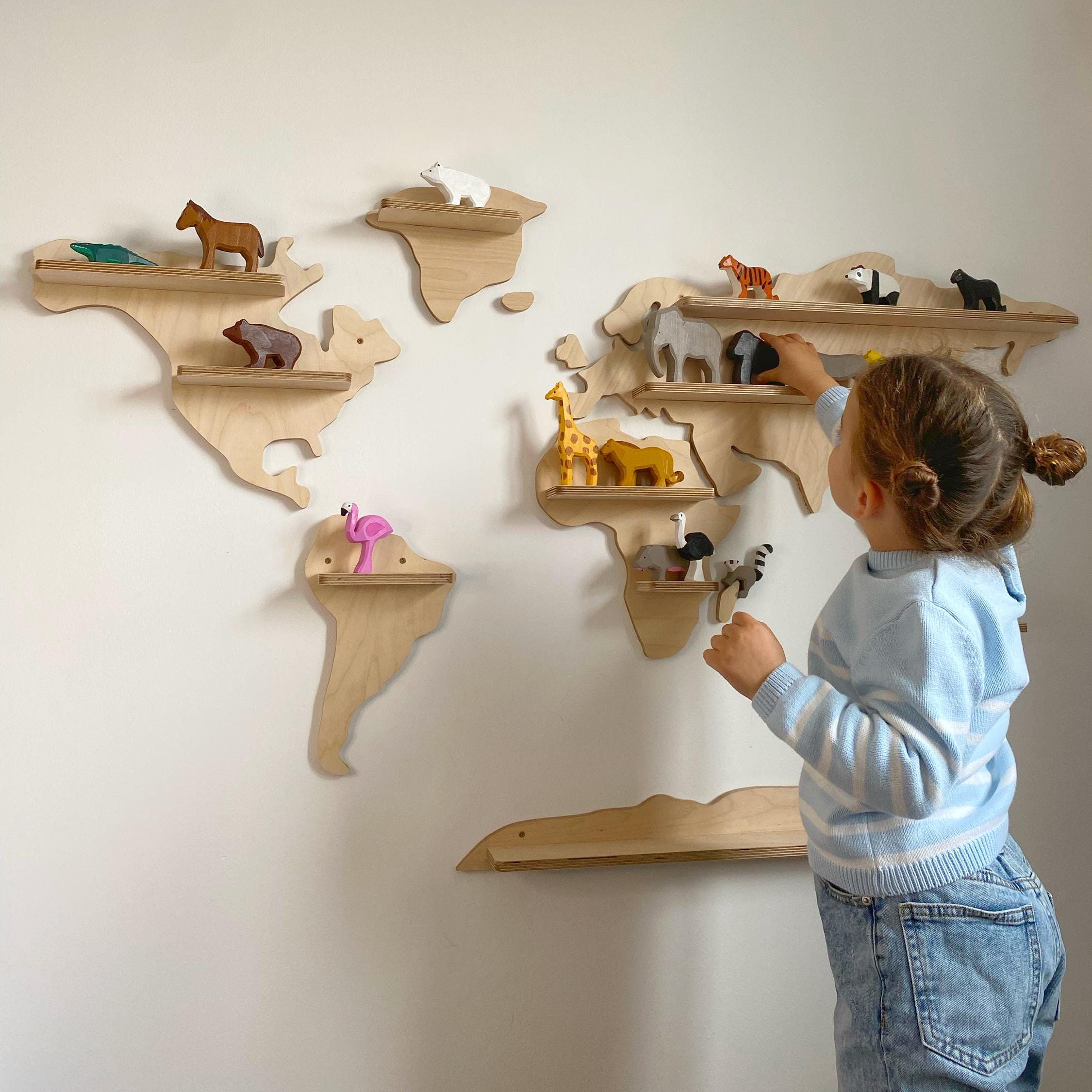 Handcrafted Wooden World Map Shelf, Continent Wall Shelves