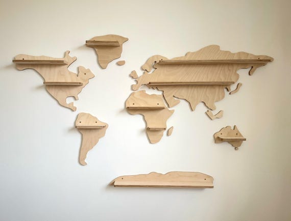 Handcrafted Wooden World Map Shelf, Continent Wall Shelves