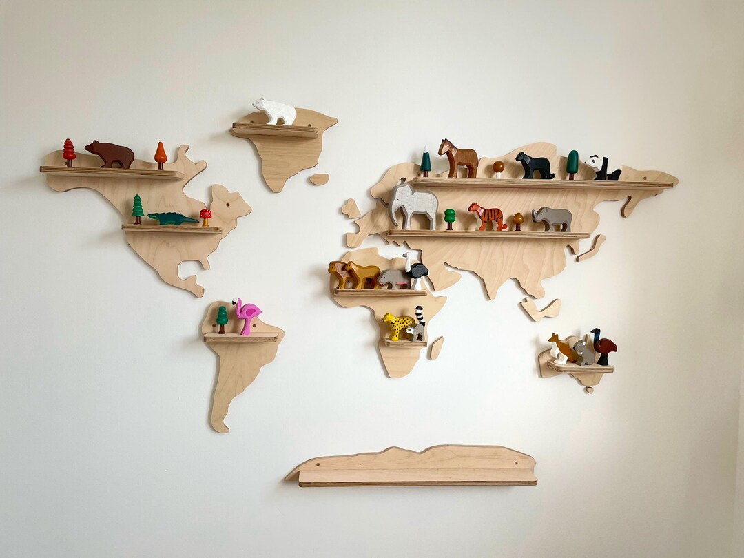 Handcrafted Wooden World Map Shelf, Continent Wall Shelves