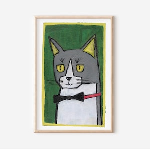 Grey Tuxedo Cat Art Print | Cat Wearing Bow Tie, Modern Cat Portrait, Abstract Animal Art, Painting Tuxedo Cat, Pet Bicolor Cat Art, Piebald