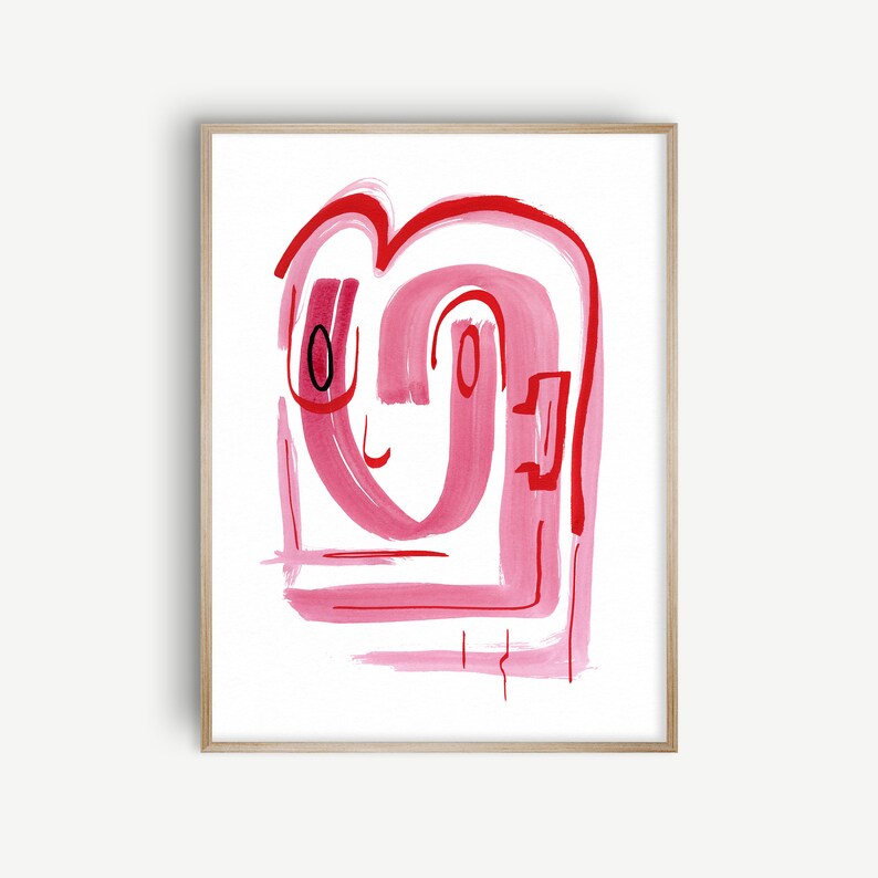 May include: Abstract painting of a face with pink and red brushstrokes. The face has two black eyes and a small smile.