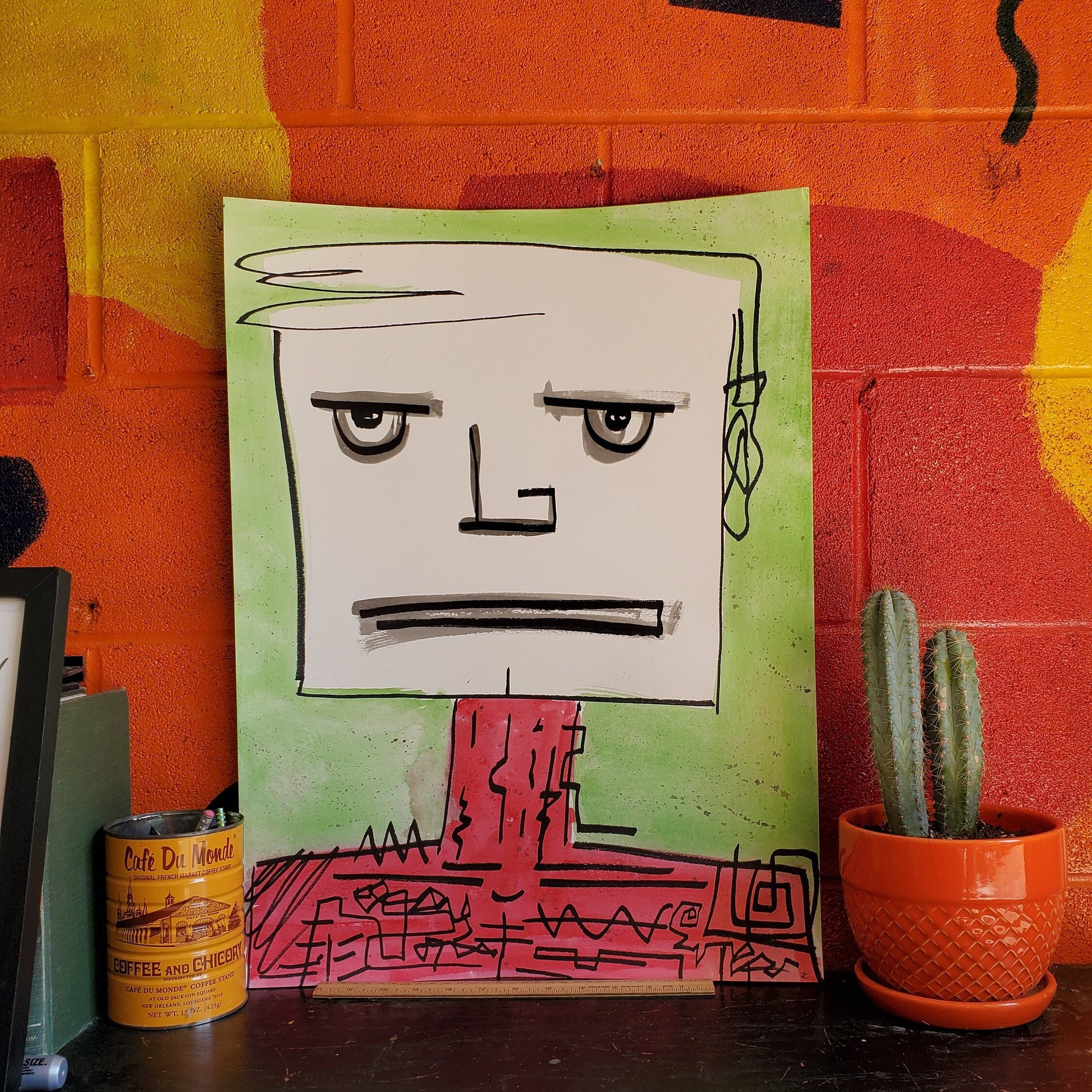 ORIGINAL Abstract Face Painting Wall Art, Watercolor, Abstract Man, Acrylic Line Painting, Painting on Paper, Contemporary Art, Insomniac