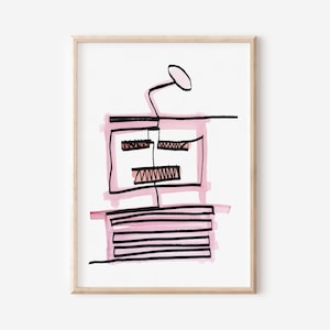 May include: Abstract art print with a pink and black design. The design features a geometric shape with lines and a circle at the top.