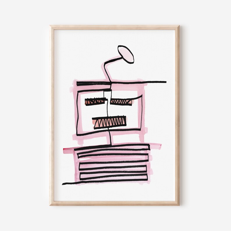 May include: Abstract art print with a pink and black design. The design features a geometric shape with lines and a circle at the top.