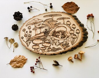 Cráneo de pájaro y hongos- Quema de madera de hongos