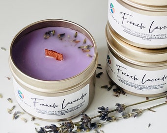 French Lavender Coconut Soy Candle, 3 oz Tin Wooden Wick Travel Candle