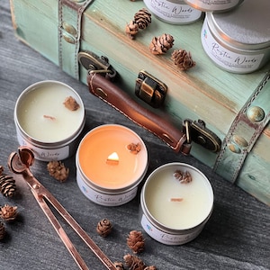 Rustic Woods Soy Travel Candle, 3 oz Candle in Tin, Crackling Wood Wick Fall and Holiday Candle, Handmade Masculine Scented Soy Candle