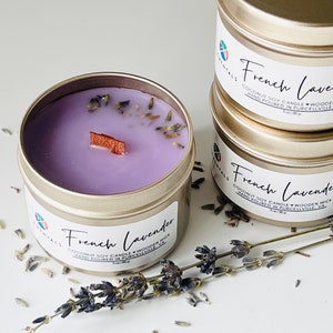 French Lavender Coconut Soy Candle, 3 oz Tin Wooden Wick Travel Candle