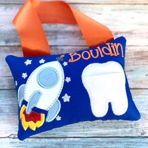 Space Ship Tooth Fairy Pillow. Personalize Pillow. Embroidered Space Ship