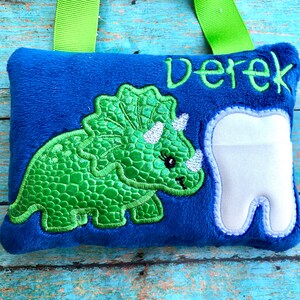 Dino Pillow. Triceratops Tooth Fairy Pillow, Personalize Pillow, Embroidered Dinosaur Pillow.