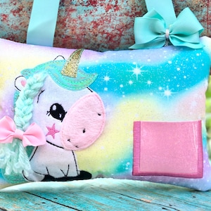 Nr.476 Unicorn tooth fairy pillow, Pony tooth fairy pillow, Embroidered unicorn pillow. Birthday gift.Size:6x9 in