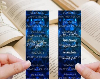 May include: Two blue and gold bookmark designs with a diamond pattern and the text "Reagans Reading Relics" and "In Solaria blue means royal and to me blue means you."