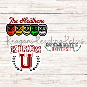 May include: A collection of stickers featuring various designs and text. One sticker displays five colorful masks with the text "The Heathens." Another sticker reads "KINGS U" in a collegiate style. A third sticker says "ROYAL ELITE UNIVERSITY."