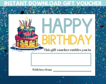 Op de afbeelding: Een printbare verjaardagsgiftbon met een kleurrijke cartoontaart en de tekst "HAPPY BIRTHDAY". De bon heeft een ruimte om het cadeau in te vullen en een ruimte om "Met liefde van" in te vullen.