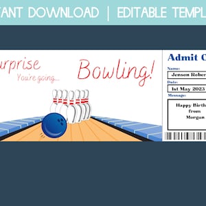 editable bowling gift certificate, bowling gift voucher, surprise birthday trip, printable bowling ticket, gift certificate template, coupon