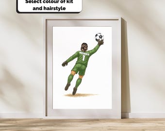personalised goalkeeper prints, goalie picture, soccer goalie print, soccer goalkeeper poster, girl football player gifts, boy football gift