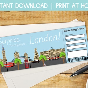 Carte d'embarquement pour Londres, billet de voyage cadeau, chèque-cadeau pour voyage entre filles à Londres, révélation de voyage surprise, modèle de billet d'avion imprimable, meilleur