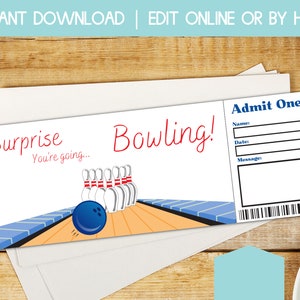 bowling tickets, ten pin bowling gift certificate, printable bowling game ticket, bowling birthday gift certificate, instant download gift