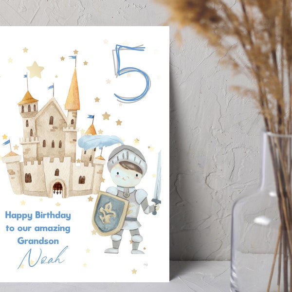 personalised knight birthday card for nephew, 5th birthday card for son, 3rd birthday card boy, birthday card for 7 year old boy, custom