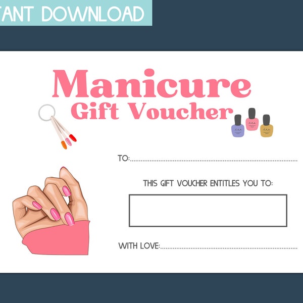 manicure gift voucher, nail salon gift card, printable gift card, birthday gift certificate printable, gift coupon template printable, best