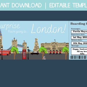 Carte d'embarquement pour Londres, billet de voyage cadeau, chèque-cadeau pour voyage entre filles à Londres, révélation de voyage surprise, modèle de billet d'avion imprimable, meilleur