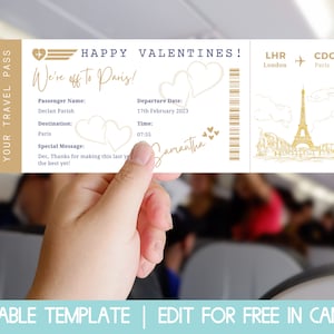 cartão de embarque de dia dos namorados, modelo de cartão de embarque editável, passagem aérea, viagem surpresa a paris, cartão de embarque canva, viagem surpresa a paris
