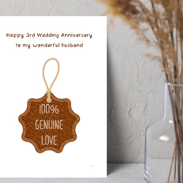 3rd wedding anniversary card, personalised leather anniversary card for him, wedding anniversary card for husband, third anniversary leather