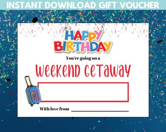 weekend getaway voucher, birthday gift certificate printable, weekend getaway print,  gift voucher certificate, printable gift card, best